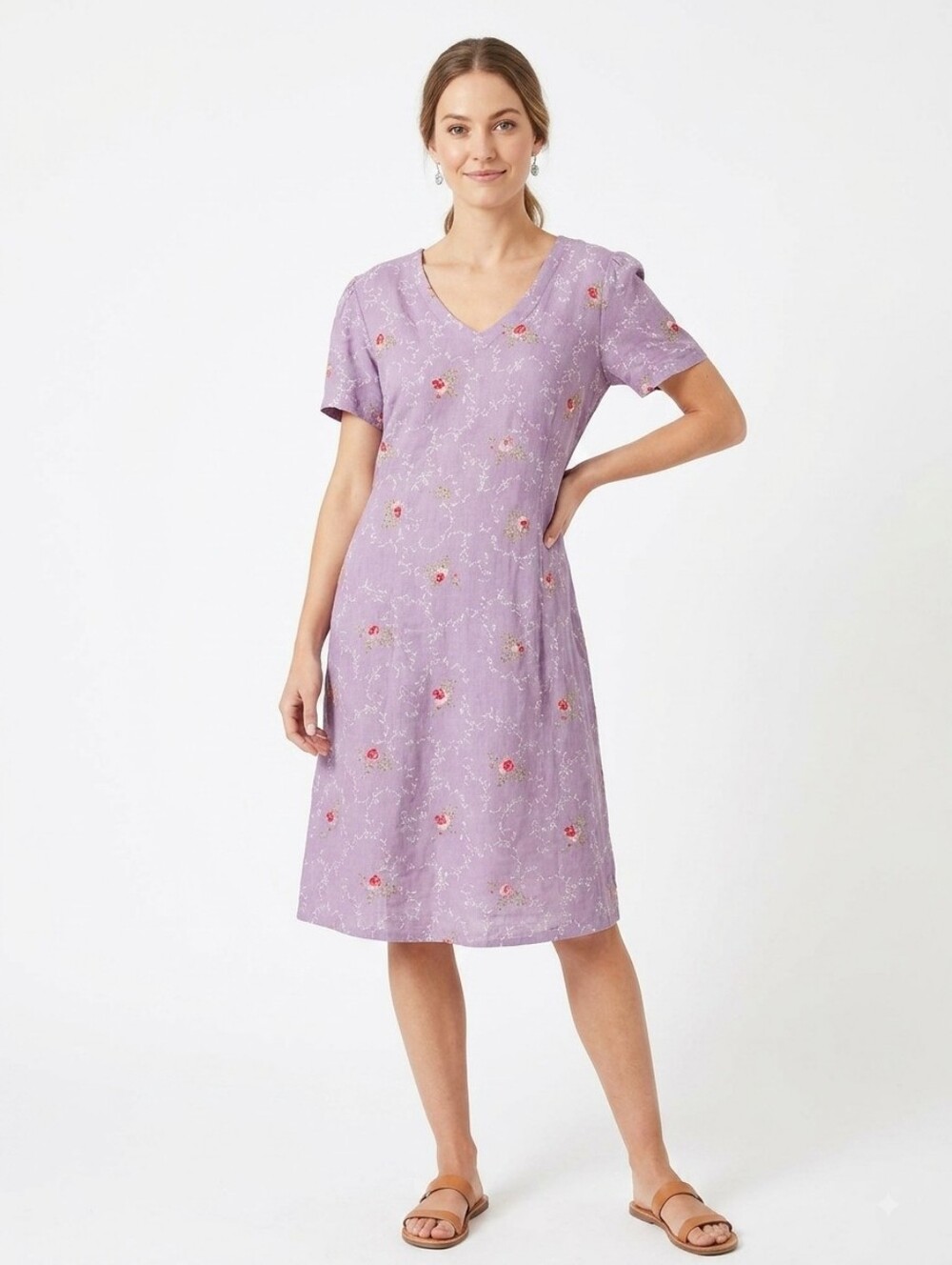 April Cornell Lavender Floral Midi Dress with Red Accents